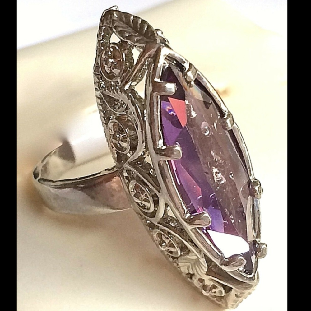 Silver Art Deco Amethyst Cocktail Ring Size 6 Rhodium Plated Filigree Vintage